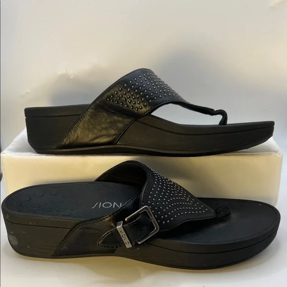 Vionic Black Studded Wedge Sandals-Women's-Size 9-Casual-Comfy-Vacation-Adjust - Picture 13 of 16